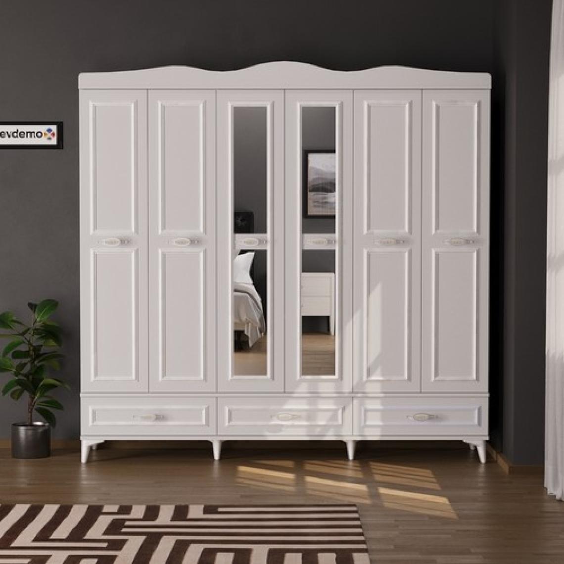 EVDEMO Luna 6 Kapaklı 3 Çekmeceli Aynalı Gardırop Beyaz