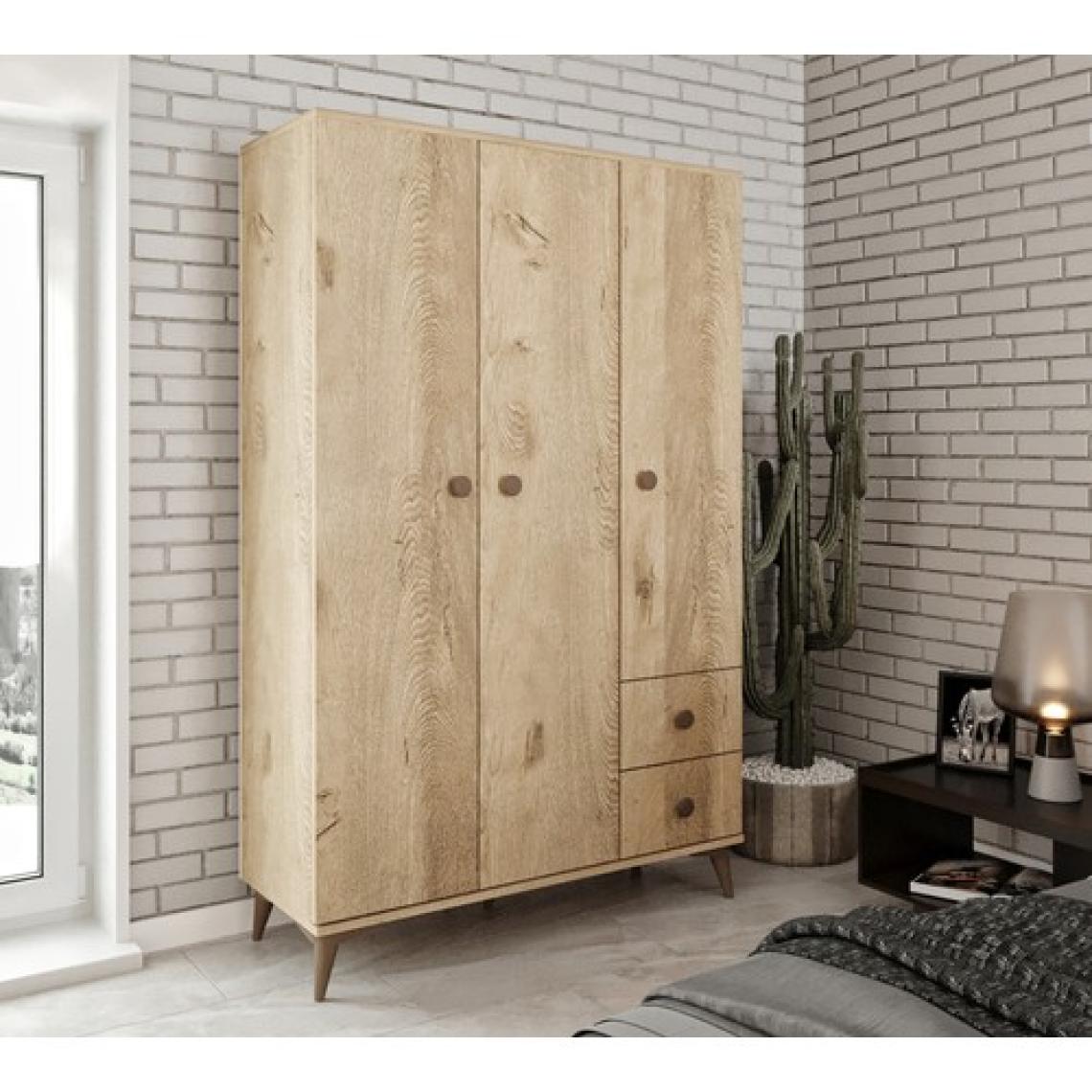 Kzn Home Akasya 3 Kapaklı 2 Çekmeceli Mdf Gardrop Elbise Dolabı Meşe