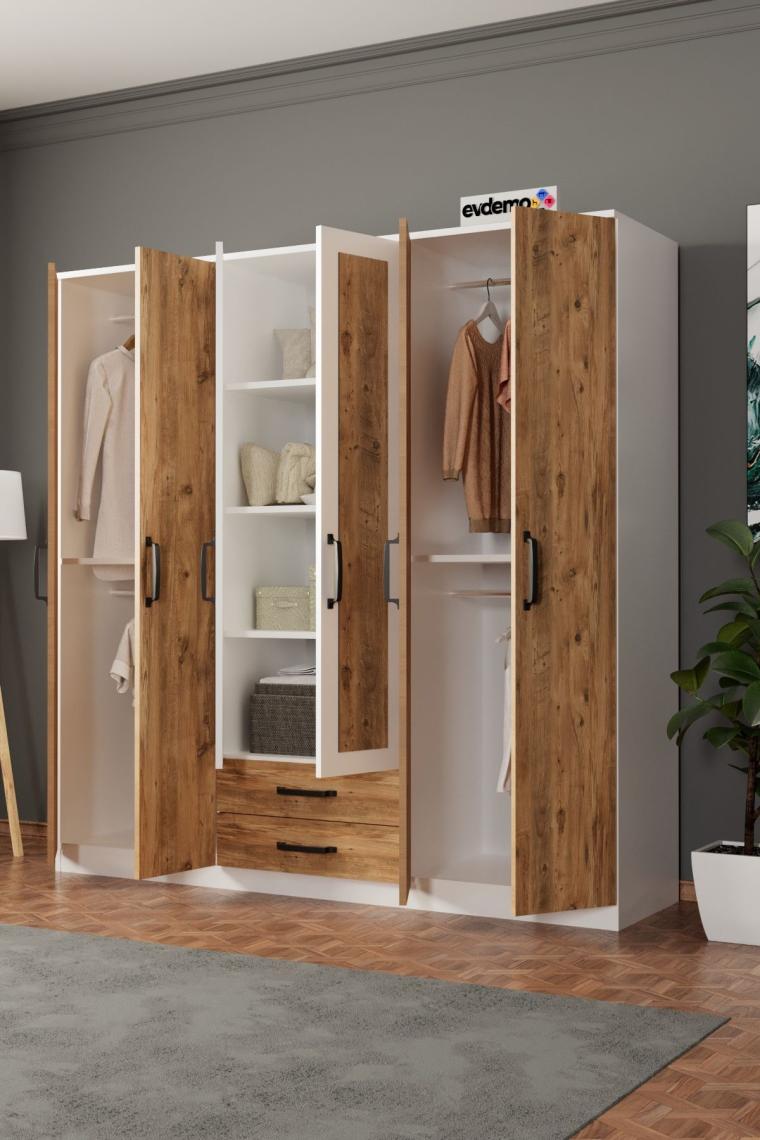 EVDEMO Prag 6 Kapak 2 Çekmeceli Aynalı Gardırop Atlantik Çam Beyaz