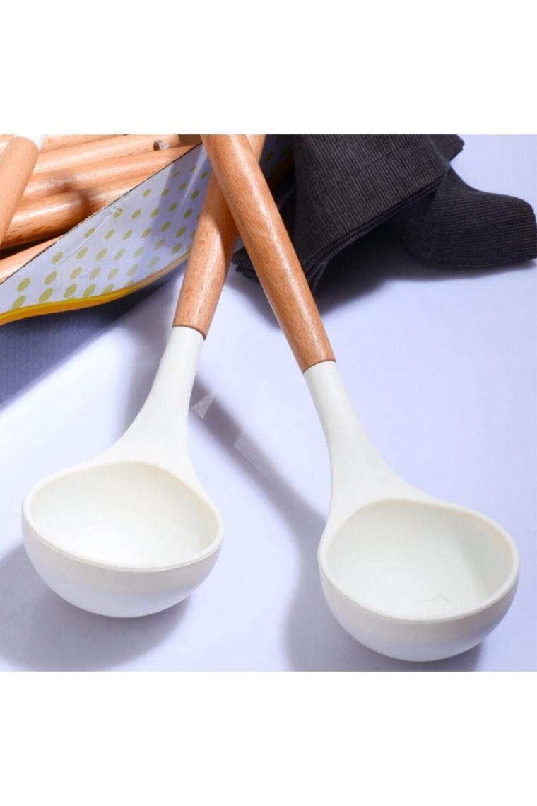 Bambu Saplı Silikon Kepçe - Beyaz