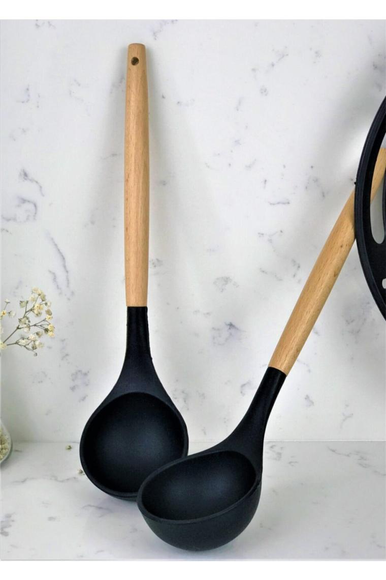 Morponi 7 Parça Bambu Saplı Silikon Kepçe Spatula Mutfak Seti Siyah