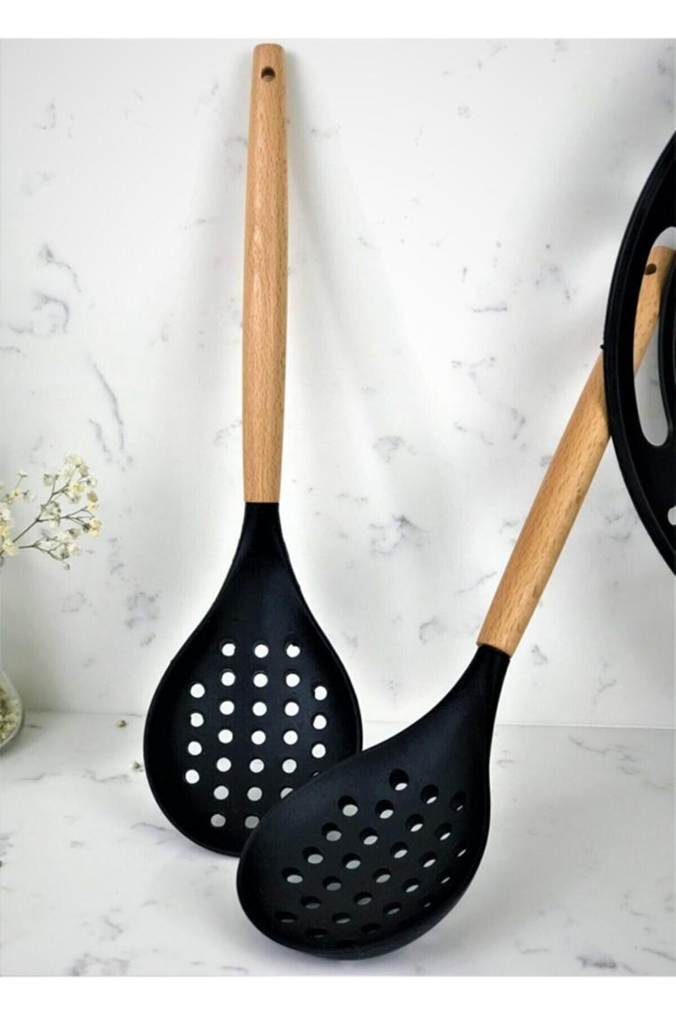 Morponi 7 Parça Bambu Saplı Silikon Kepçe Spatula Mutfak Seti Siyah