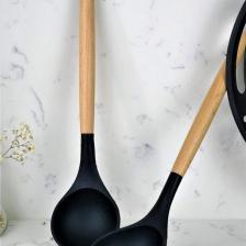 Morponi 7 Parça Bambu Saplı Silikon Kepçe Spatula Mutfak Seti Siyah