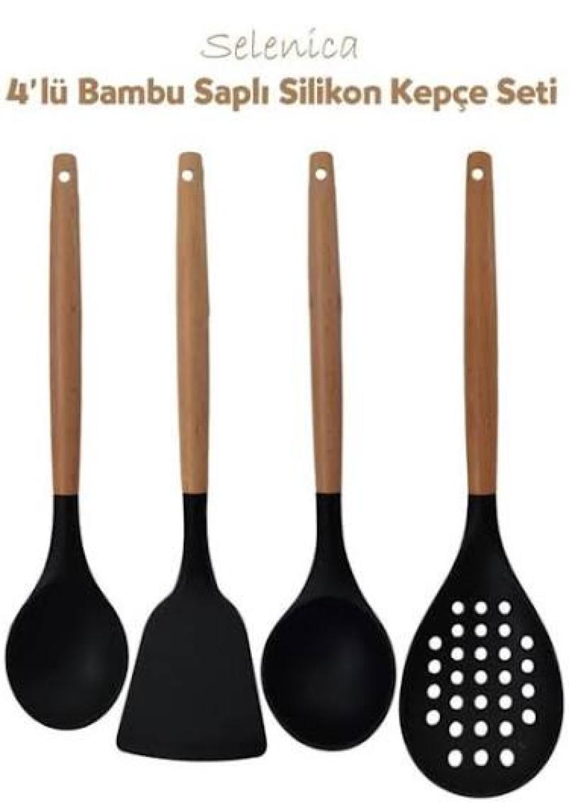 Hitfoni Silikon Bambu Saplı 4 Parça Mutfak Servis Seti Siyah(Kepçe-Kaşık-Kevgir-Spatula)Siyah