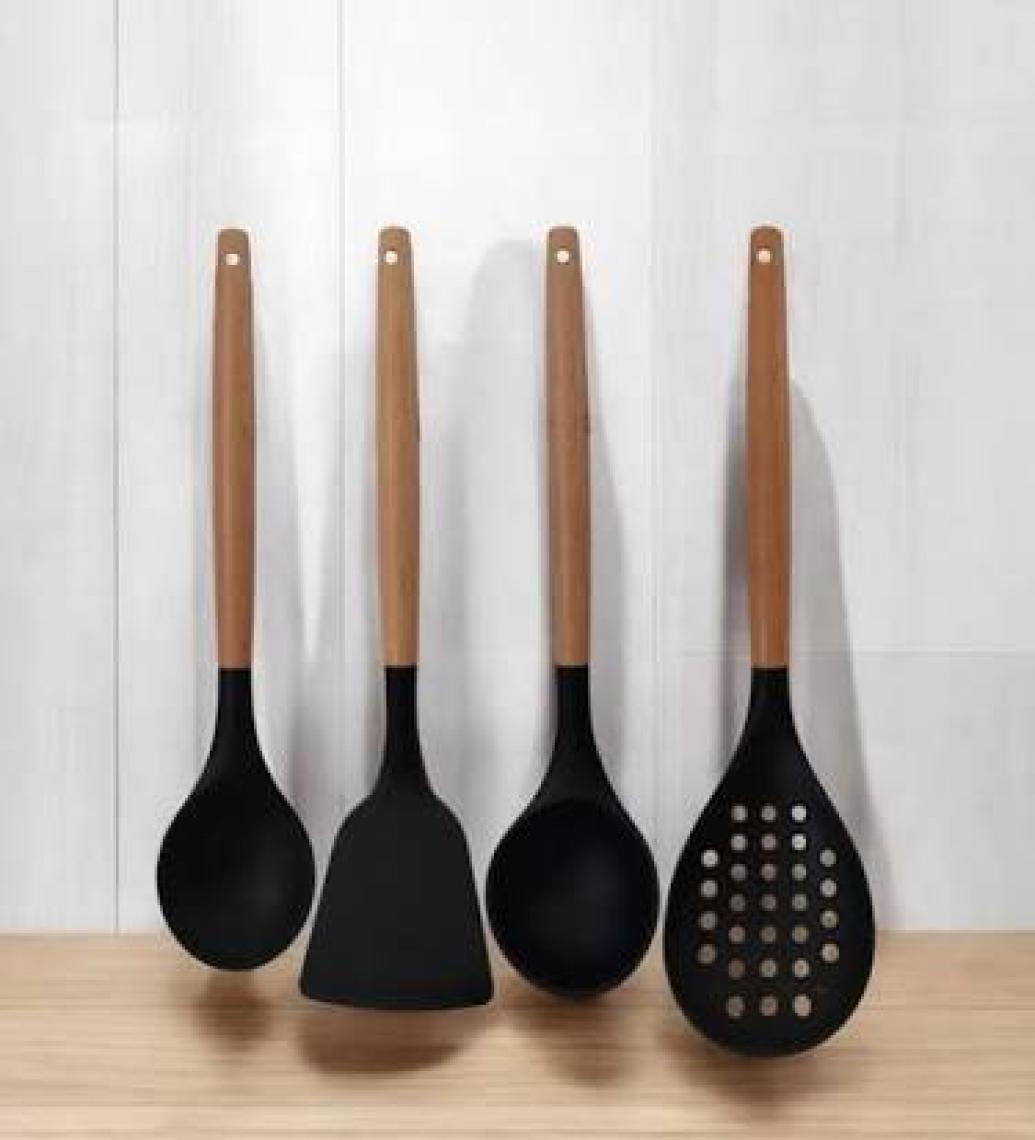 Hitfoni Silikon Bambu Saplı 4 Parça Mutfak Servis Seti Siyah(Kepçe-Kaşık-Kevgir-Spatula)Siyah