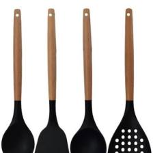 Hitfoni Silikon Bambu Saplı 4 Parça Mutfak Servis Seti Siyah(Kepçe-Kaşık-Kevgir-Spatula)Siyah