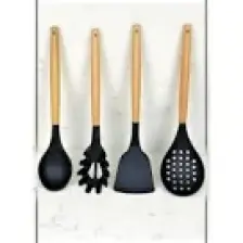 Silikon Bambu Saplı 4 Parça Mutfak Servis Seti Siyah (Kepçe-Kaşık-Kevgir-Spatula)