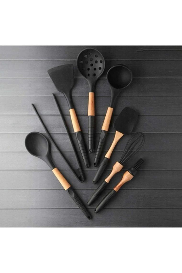 Maestro Black 8 Parça Silikon Servis Seti Pinterest Stil Siyah Tutacaklı Ortası Ahşap