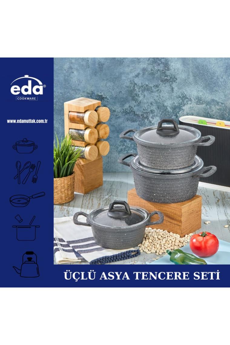 Eda ZK-906 Asya Cam Kapaklı 6 Parça Derin Granit Tencere Seti