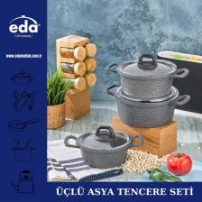 Eda ZK-906 Asya Cam Kapaklı 6 Parça Derin Granit Tencere Seti