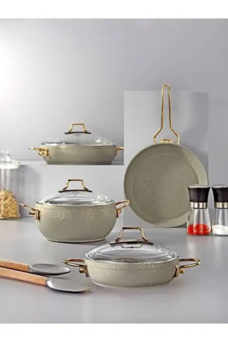 Bonera Marbella Nardo Gri 7 parça Granit Tencere & Tava Seti - Gold Kulp Detaylı