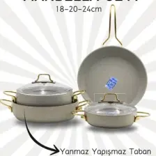 Bonera Marbella Nardo Gri 7 parça Granit Tencere & Tava Seti - Gold Kulp Detaylı