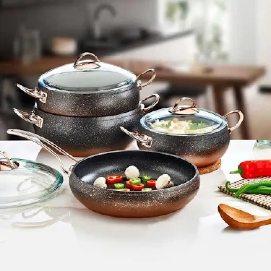 Oms 7 Prç Granit Küre Tencere Set 3023 Bakır
