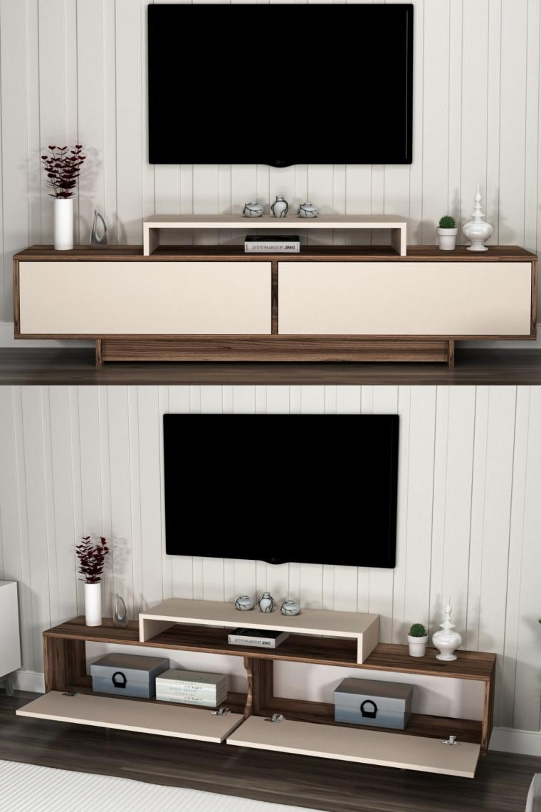 Arnetti Grasyas 2 Kapaklı Raflı 180 cm Dekoratif TV Sehpası, Ceviz Bej - Grasyas