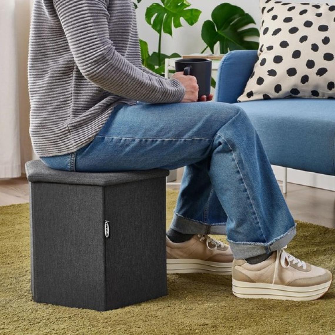 IKEA "LOTR®" Kjuge Saklama Gözlü Puf, Knisa Orta Mavi - Koyu Gri