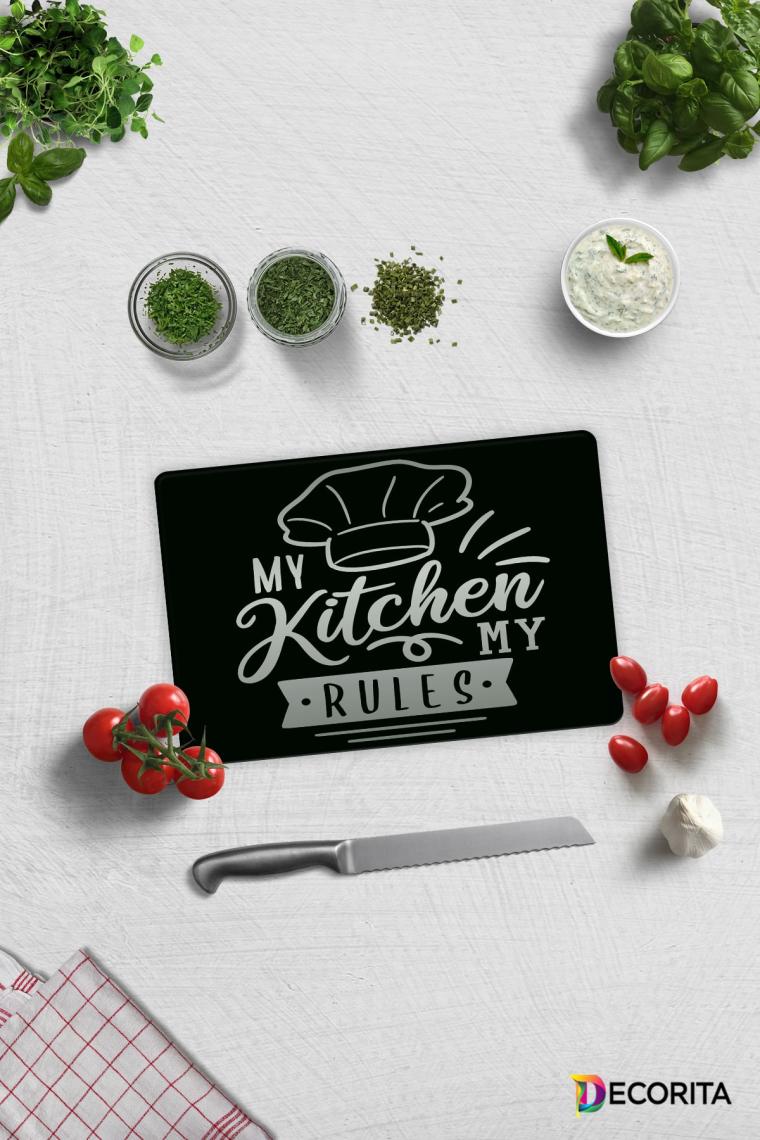 Decorita My Kitchen My Rules | Cam Kesme Tahtası - Cam Kesme Tablası | 20cm x 30cm