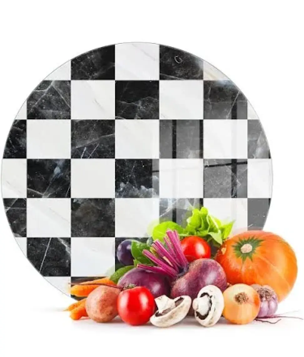 Decovetro Cam Kesme Tahtası Yuvarlak Siyah Beyaz Kare Desenli 30X30 cm