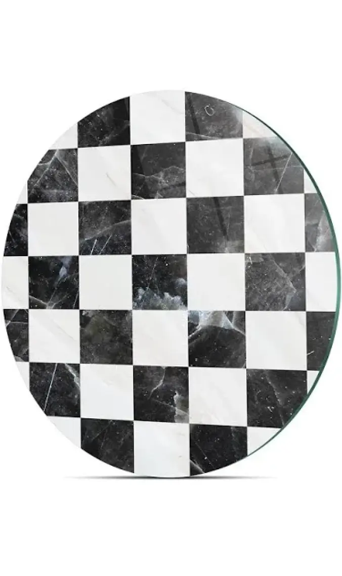 Decovetro Cam Kesme Tahtası Yuvarlak Siyah Beyaz Kare Desenli 30X30 cm