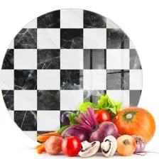 Decovetro Cam Kesme Tahtası Yuvarlak Siyah Beyaz Kare Desenli 30X30 cm