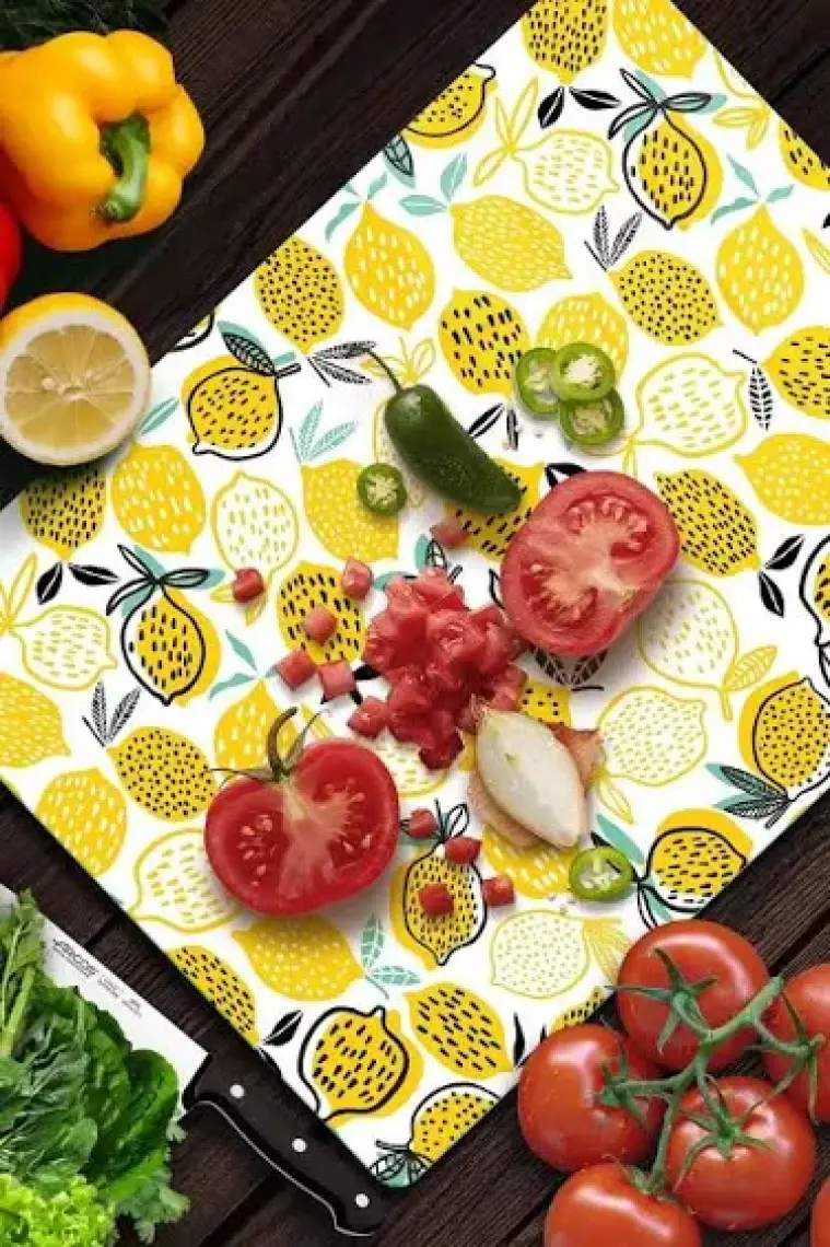 Decovetro Cam Kesme Tahtası ve Sunum Tablası Misket Limon Desenli
