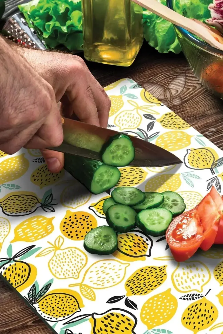 Decovetro Cam Kesme Tahtası ve Sunum Tablası Misket Limon Desenli