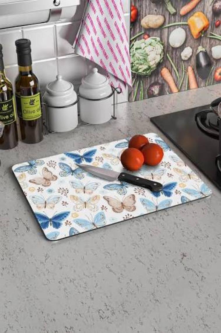 Decovetro Mavi Kelebek Görünümlü Cam Kesim Tablası 20 x 30 cm