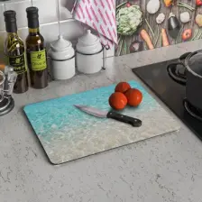 Deniz Kum Sahil Görünümlü | Cam Kesme Tahtası - Kesim Tablası | 20 X 30 Cm