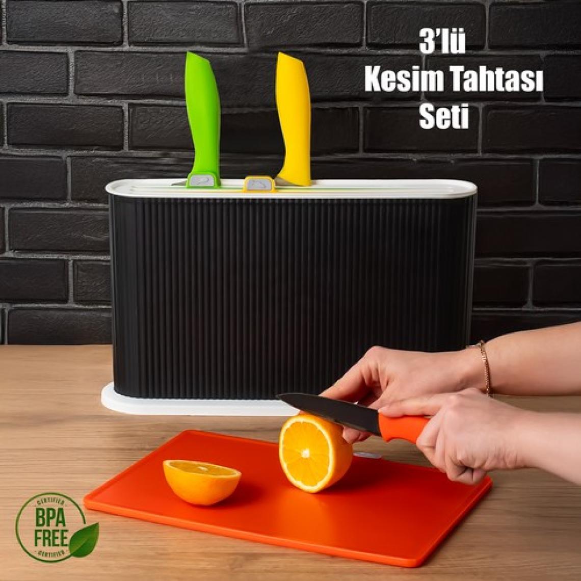 Porsima 1074 Standlı Bıçaklı Çoklu Kesme Doğrama Tahtası - 7 Parça Plastik Et Sebze Kesme Tahtası Seti - Siyah Beyaz