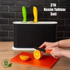 Porsima 1074 Standlı Bıçaklı Çoklu Kesme Doğrama Tahtası - 7 Parça Plastik Et Sebze Kesme Tahtası Seti - Siyah Beyaz