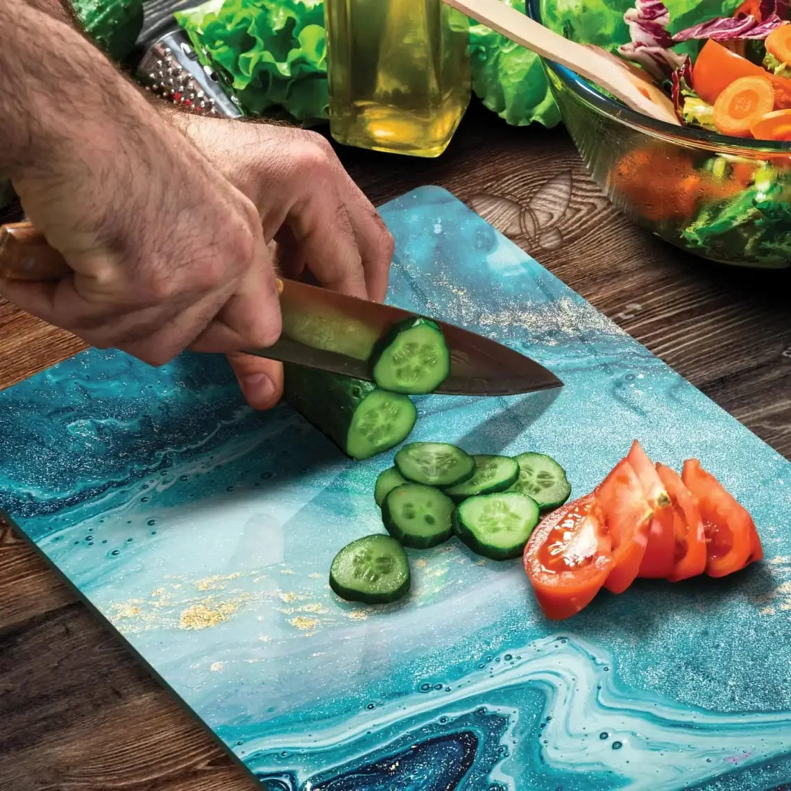 Decovetro Mavi Mermer Görünümlü Cam Kesim Tablası 20 x 30 cm