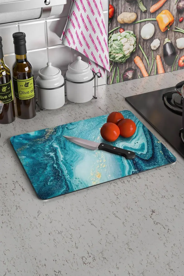 Decovetro Mavi Mermer Görünümlü Cam Kesim Tablası 20 x 30 cm