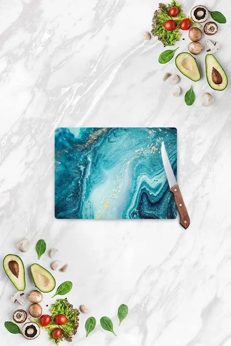 Decovetro Mavi Mermer Görünümlü Cam Kesim Tablası 20 x 30 cm