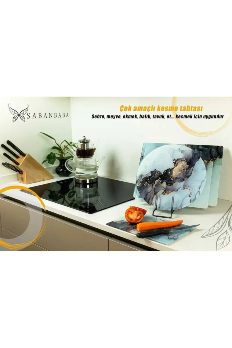 Saban Cam Kesme Tahtası Siyah Yaldızlı Mermer 30X40