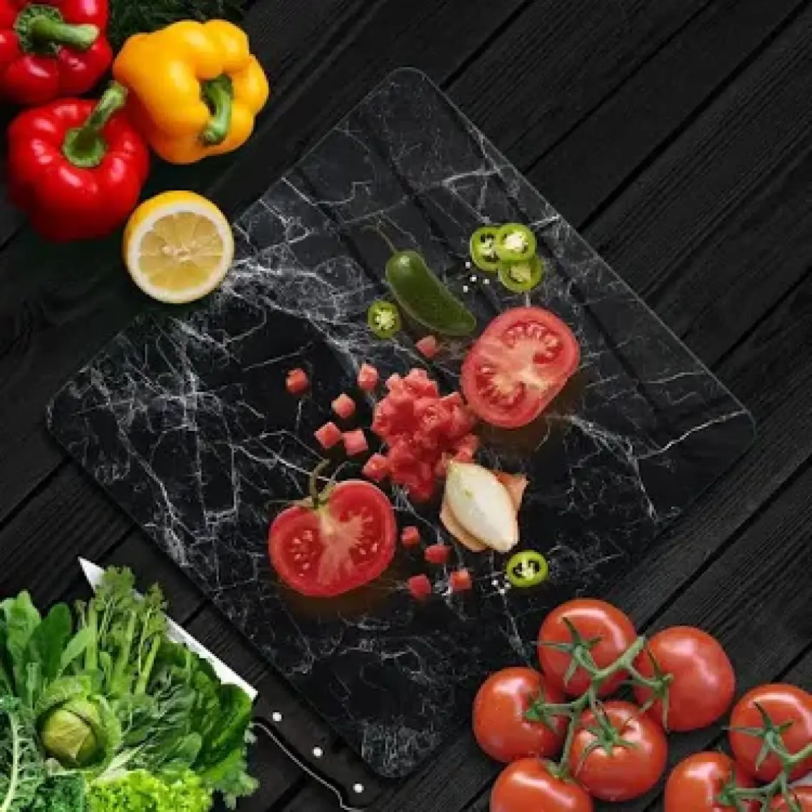 Decovetro Cam Kesme Tahtası Kare Siyah Beyaz Mermer Desenli 30X30 cm