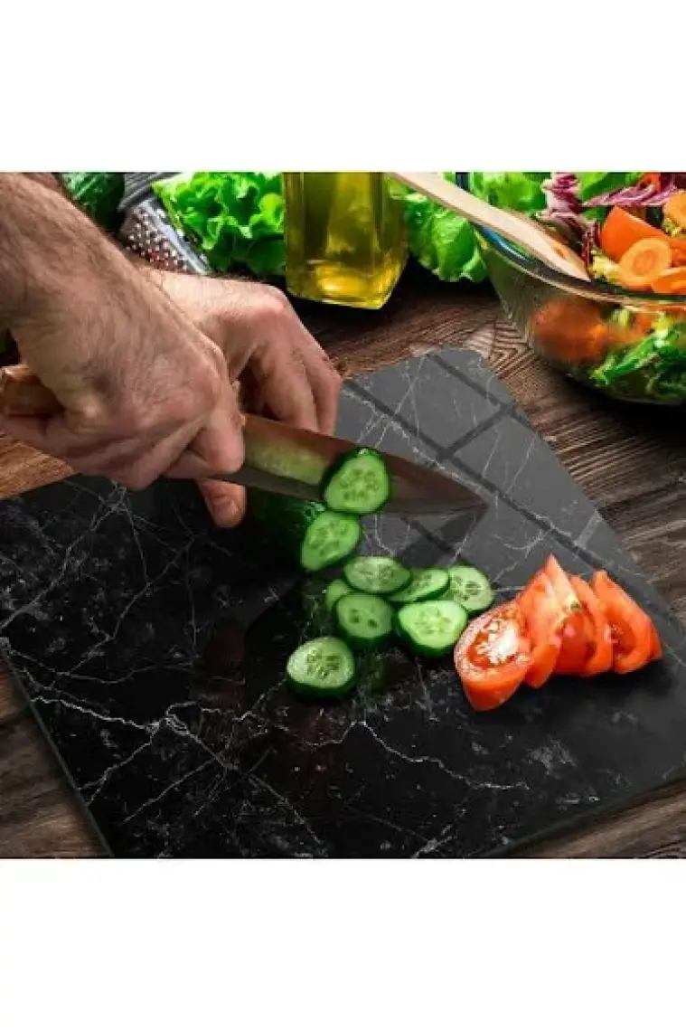 Decovetro Cam Kesme Tahtası Kare Siyah Beyaz Mermer Desenli 30X30 cm