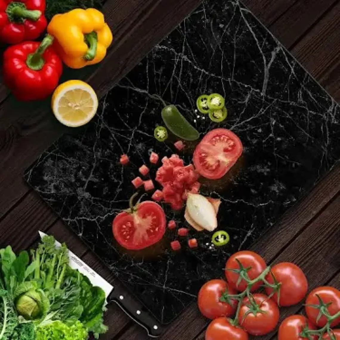 Decovetro Siyah Granit Görünümlü Cam Kesim Tablası 30 x 40 cm 1114