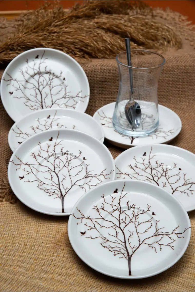 Heda Porselen Hayat Ağacı Porselen Çay Tabağı 6'lı 13CM Kırık Beyaz
