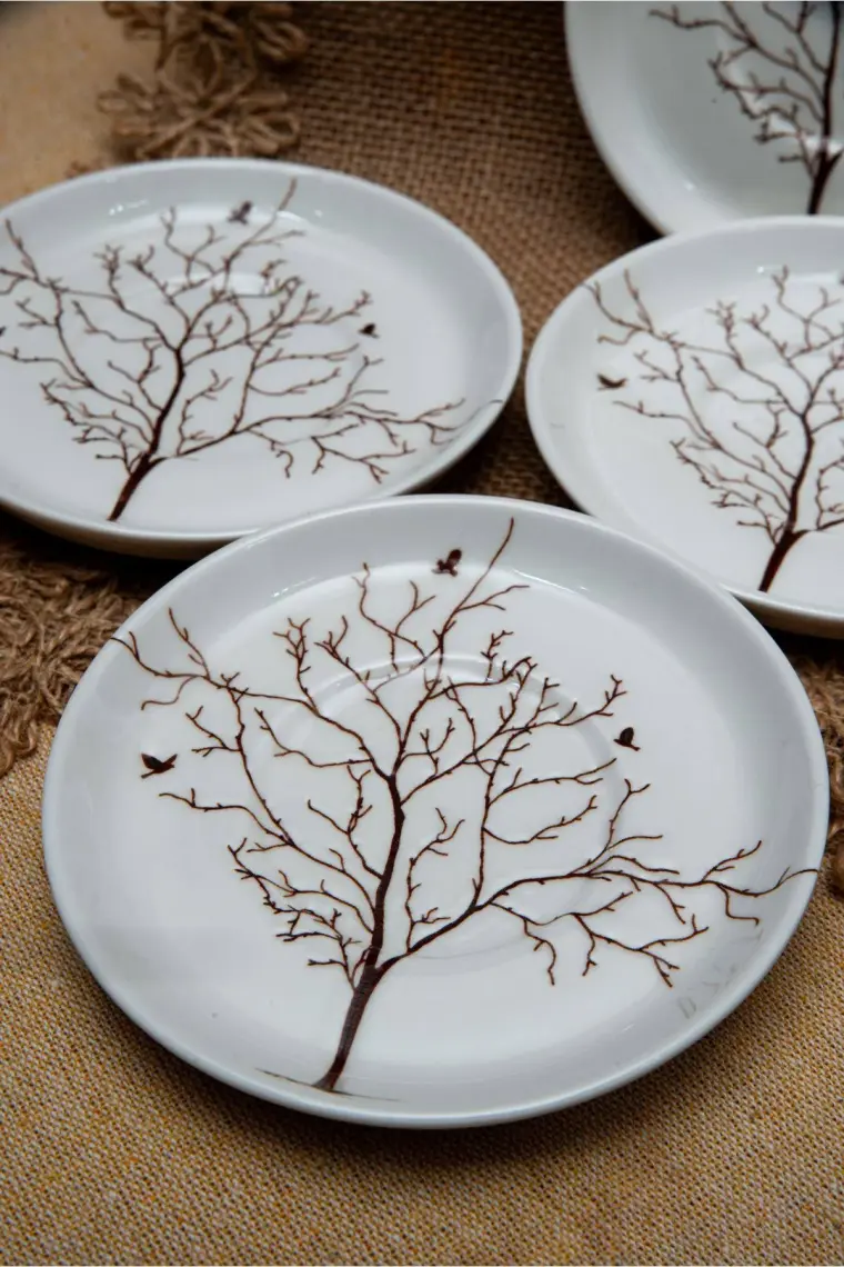 Heda Porselen Hayat Ağacı Porselen Çay Tabağı 6'lı 13CM Kırık Beyaz