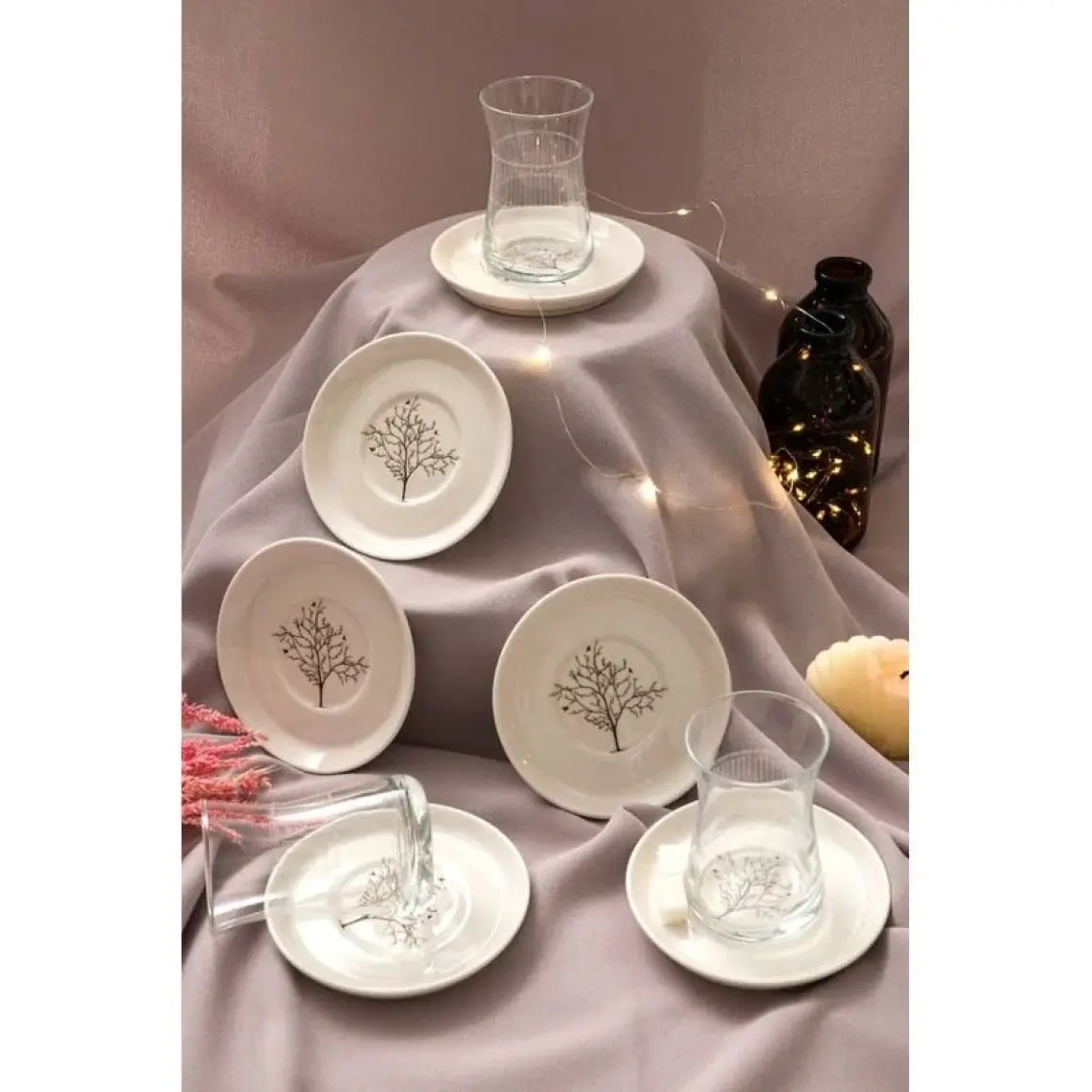 Heda Porselen Hayat Ağacı Porselen Çay Tabağı 6'lı 13CM Kırık Beyaz