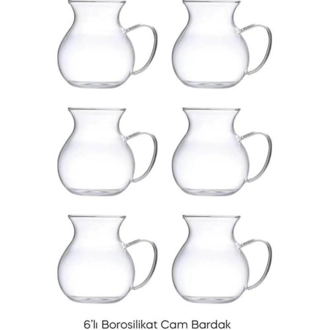 Keyfi Ala Borosilikat Cam Bardak Takımı Isıya Dayanıklı Kulplu Çay Fincanı Bardağı Seti 6'lı