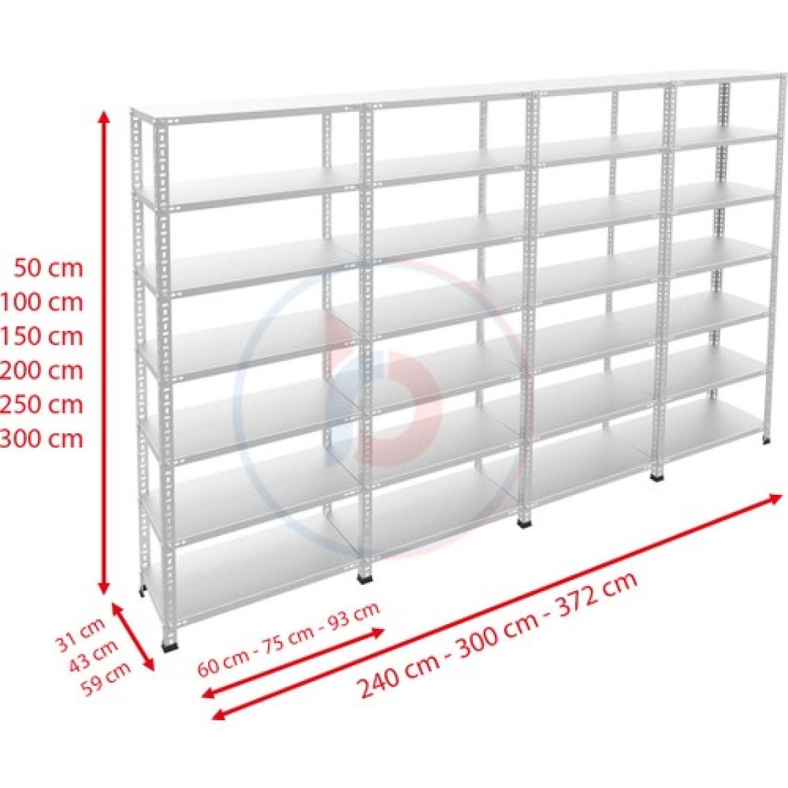 Rafburada 7 Katlı 4'lü Galvaniz Çelik Raf - Depo, Arşiv, Kiler, Dosya, Market Rafı - 43x60 cm-200 cm-0.70 mm