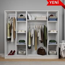 Kardelen Serisi 200  cm  Mat Beyaz 5 Kapılı 9 Raflı Elbise Dolabı - Gardırop Seti