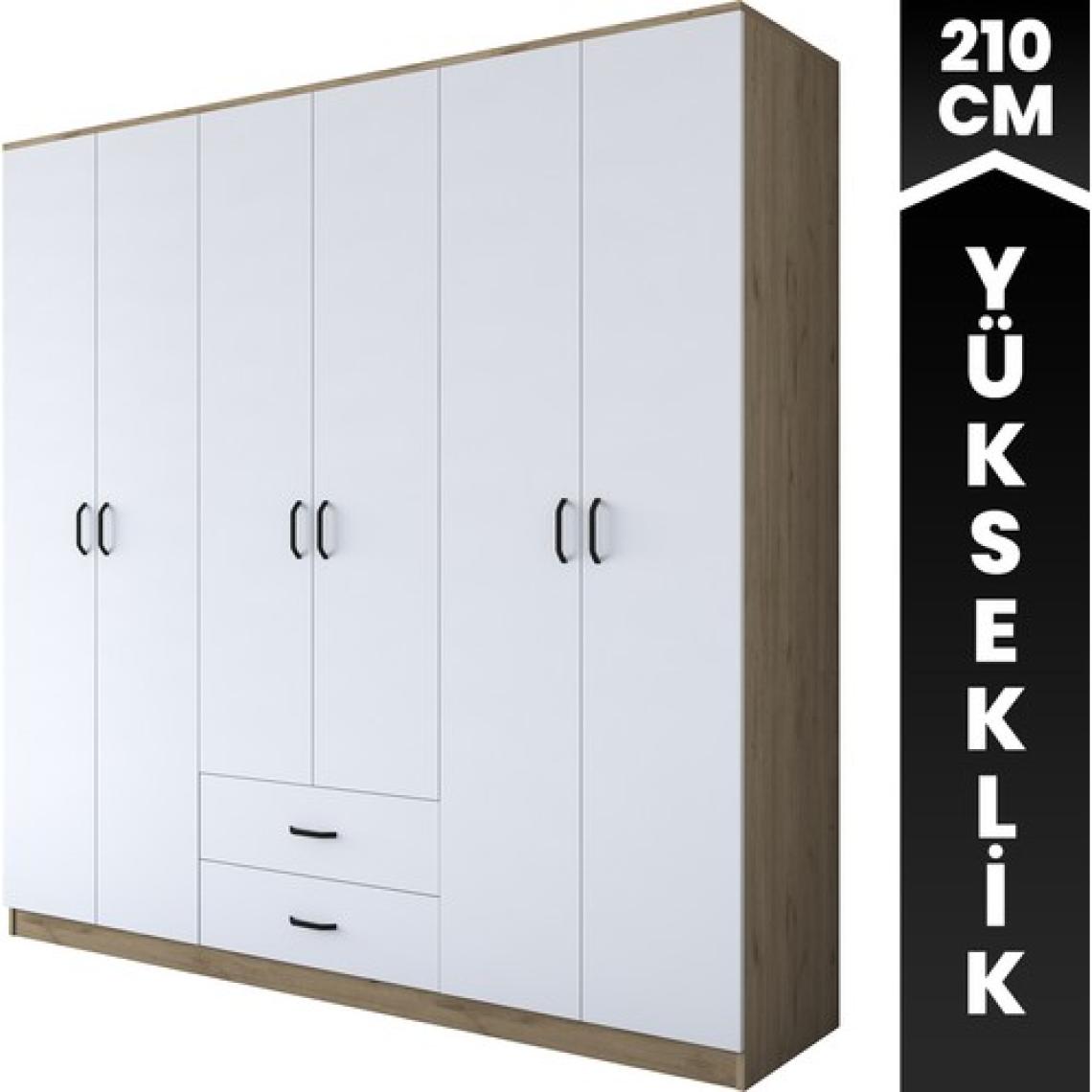 Rani BA111 Geniş Gardırop Elbise Dolabı 6 Kapaklı 2 Çekmeceli 6 Raflı 3 Askılı Sepet Ceviz - Beyaz