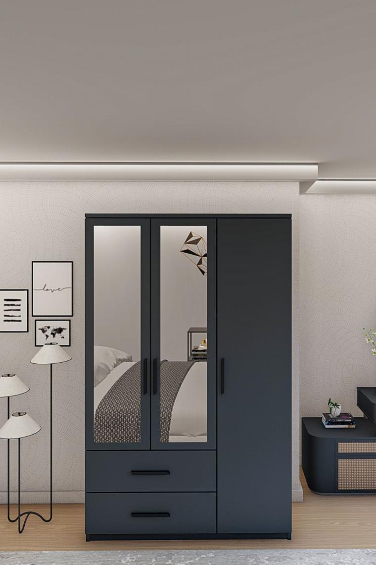 gm 852 Home 3 Kapı 2 Çekmeceli Antrasit Gri Aynalı Gardırop