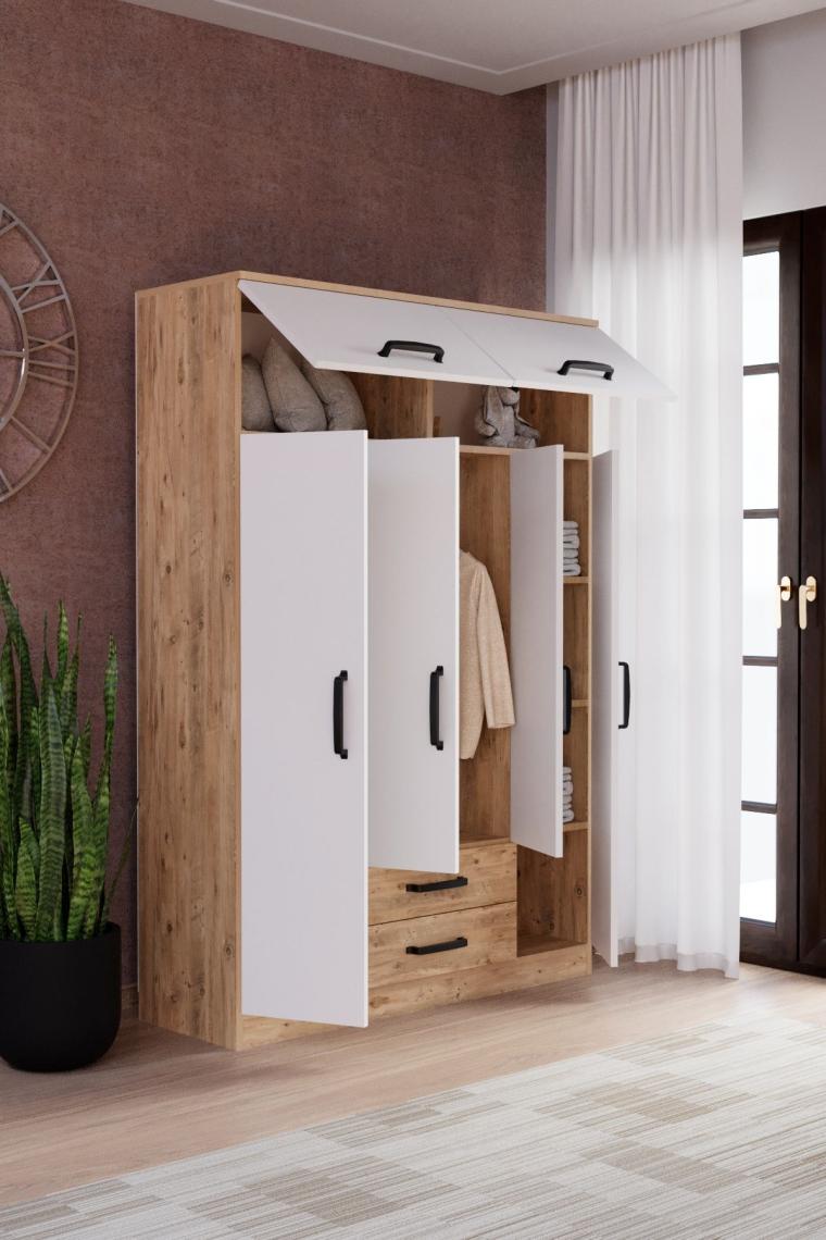 EVDEMO Tema 6 Kapak 2 Çekmeceli Gardırop Atlantik Çam Beyaz