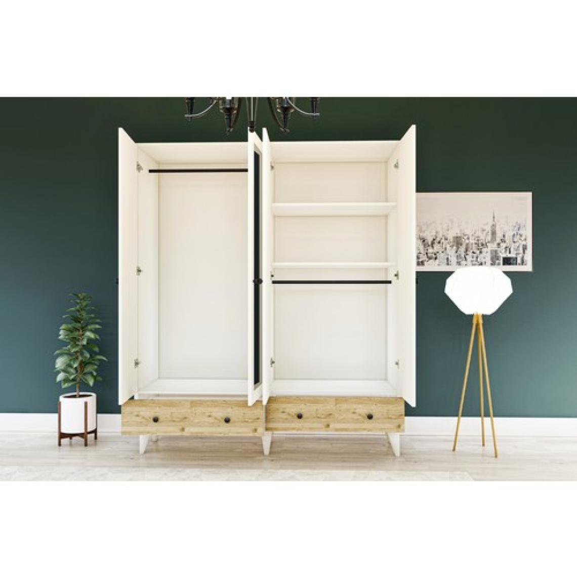 Metalia Gm 417 4 Kapılı 2 Çekmeceli Düğme Kulplu Aynalı Beyaz-Atlantik Çam Gardırop
