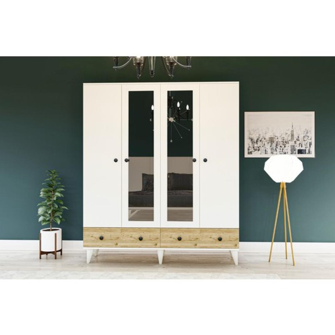 Metalia Gm 417 4 Kapılı 2 Çekmeceli Düğme Kulplu Aynalı Beyaz-Atlantik Çam Gardırop