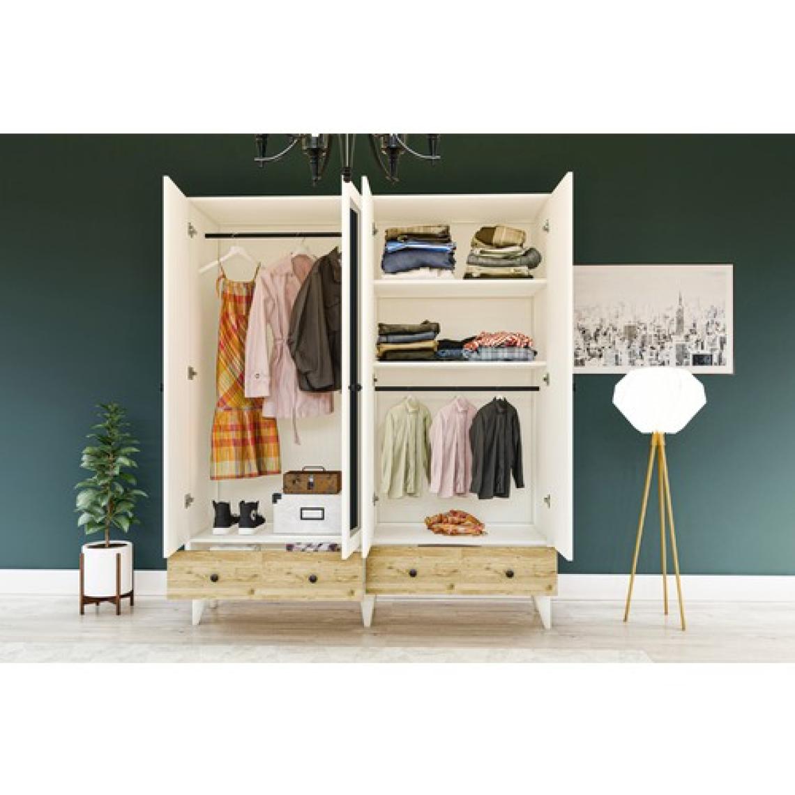 Metalia Gm 417 4 Kapılı 2 Çekmeceli Düğme Kulplu Aynalı Beyaz-Atlantik Çam Gardırop