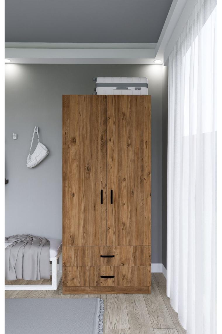 Yaman 80 cm Atlantik Çam 2 Kapaklı 2 Çekmeceli Elbise Dolabı - Gardırop