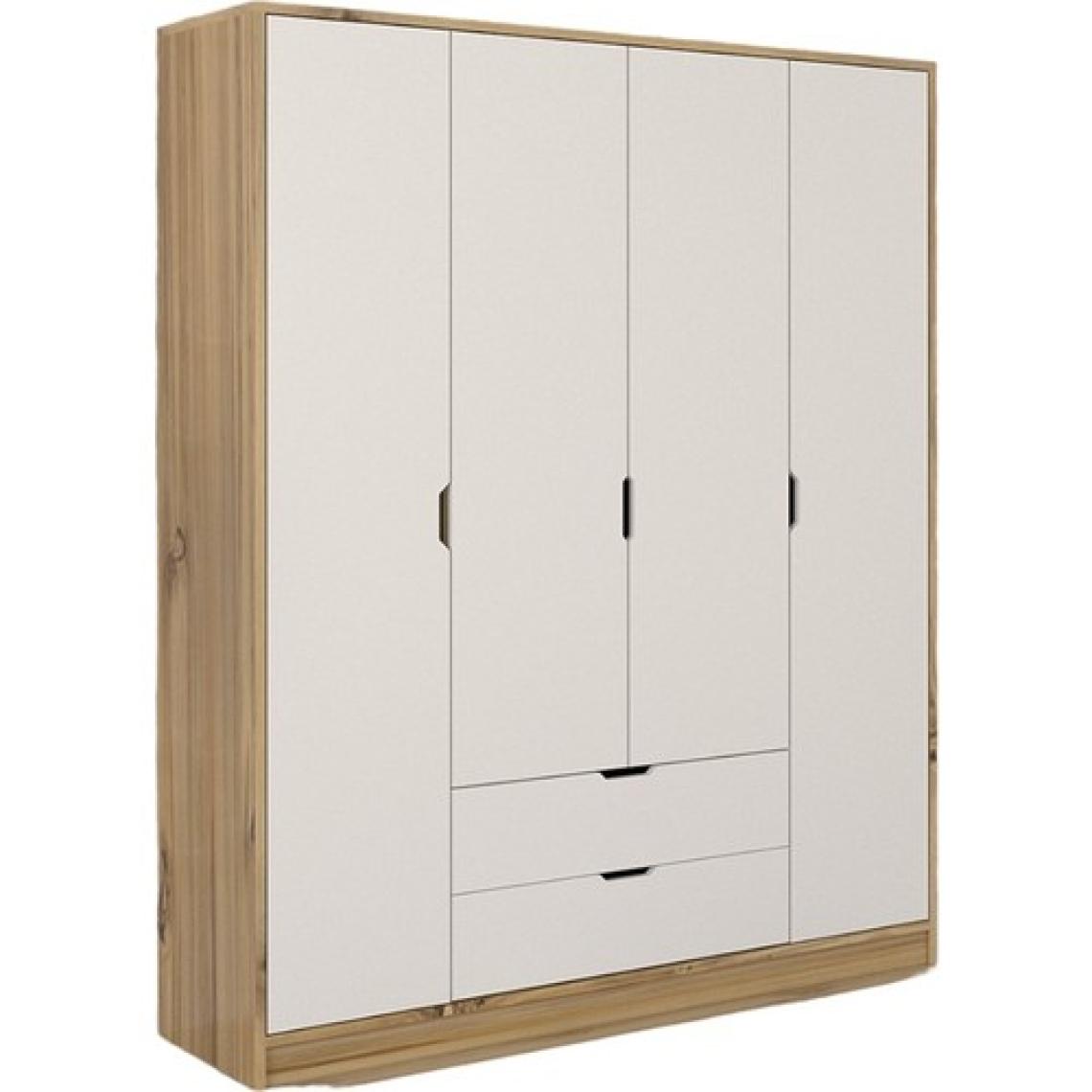 Midoser Mat Beyaz - Keçe (Açık Ceviz) 4 Kapılı 2 Çekmeceli Elbise Dolabı - Gardırop